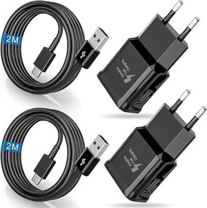 2-Pack Chargeurs USB, Chargeur Rapide avec Câble de Charge de 2M,Type C Adaptateur Telephone pour Samsung Galaxy A13 A14 A20e A23 A32 A33 A34 A40 A51 S8 S9 S10 S20 S21 FE Ultra Plus Z Flip3
