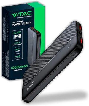 V-TAC Power Bank 10000 mAh avec Charge Rapide PD 22,5 W - PowerBank Chargeur Batterie Externe avec Port USB Type-C et 2 Ports USB-A - Compatible iPhone, iPad, Samsung, iPad, Xiaomi - Noir