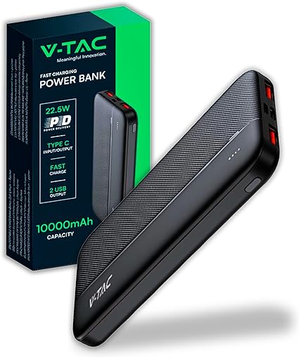 V-TAC Power Bank 10000 mAh avec Charge Rapide PD 22,5 W - PowerBank Chargeur Batterie Externe avec Port USB Type-C et 2 Ports USB-A - Compatible iPhone, iPad, Samsung, iPad, Xiaomi - Noir