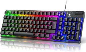 TECURS Clavier Gamer Semi-Mécaniques,19 Keys Anti-Ghosting Rétroéclairage LED, Multimédia, Silencieuses, Clavier Gaming Membrane AZERTY, Etanche pour Ordinateur Windows/Xbox/ PS4, USB Filaire